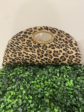 Olga Berg Leopard Print Half-Moon Clutch with Gold Handle
